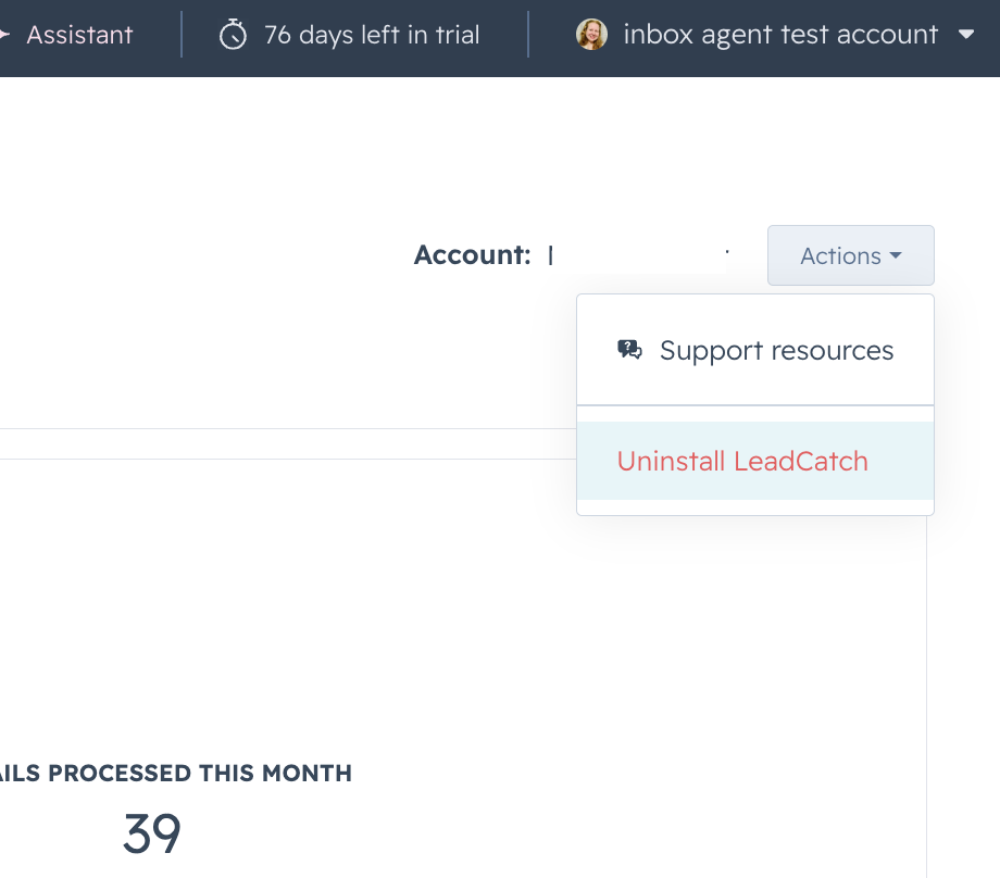 The LeadCatch Actions menu open, showing the Uninstall LeadCatch option
